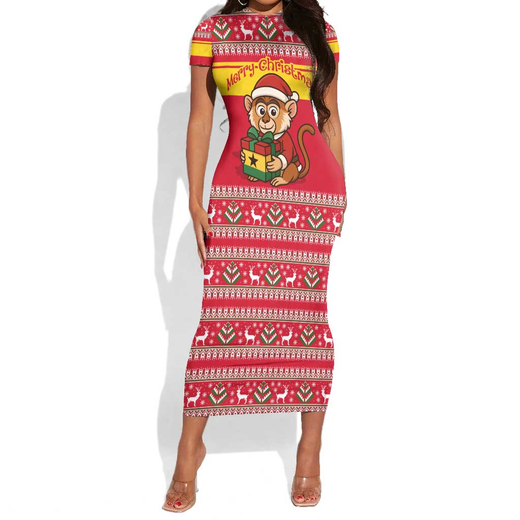 Ghana Christmas Short Sleeve Bodycon Dress Monkey Holding Gift Ghana Map and Festive - African Pride