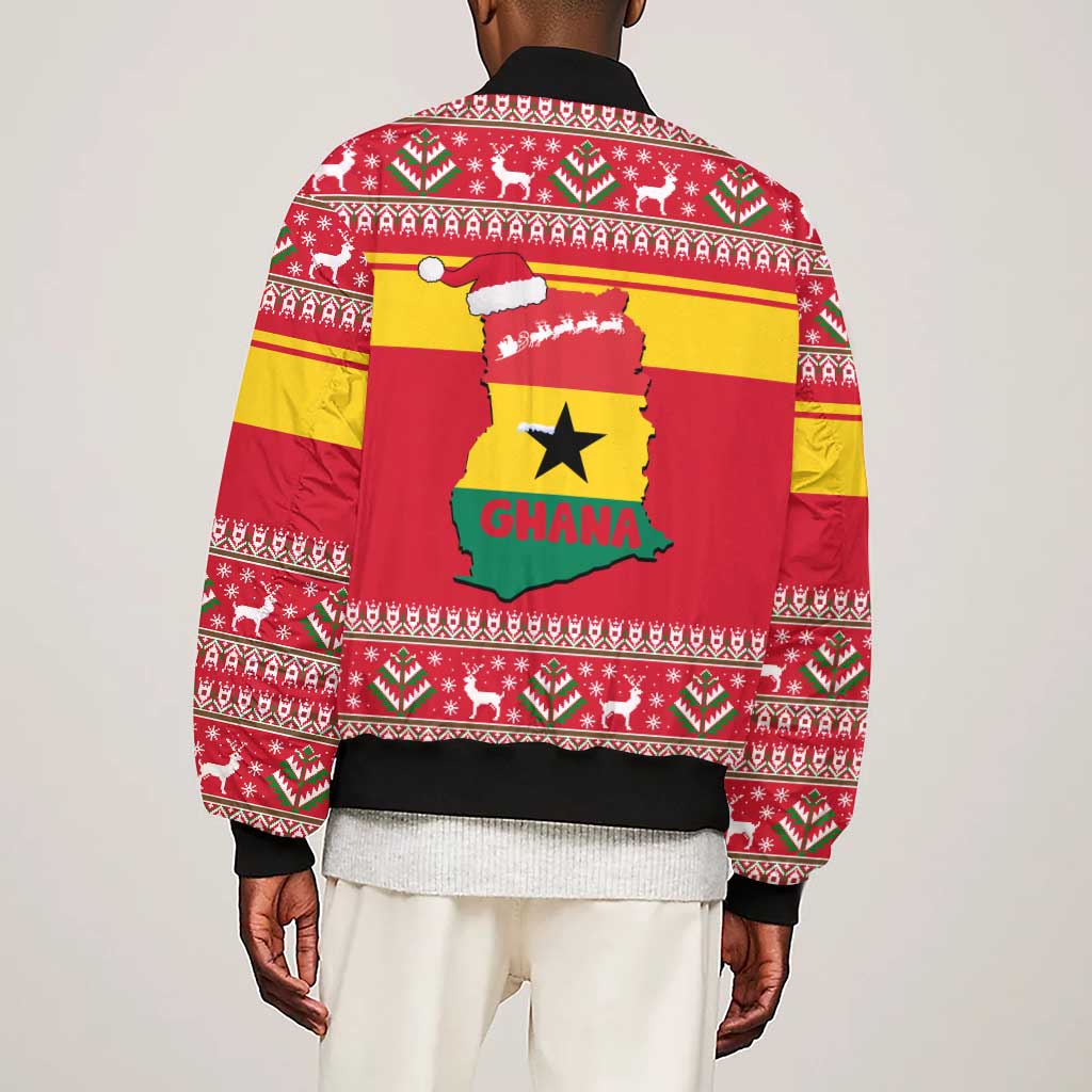 Ghana Christmas Sleeve Zip Bomber Jacket Monkey Holding Gift Ghana Map and Festive - African Pride