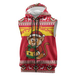 Ghana Christmas Sleeveless Zip Hoodie Monkey Holding Gift Ghana Map and Festive - African Pride