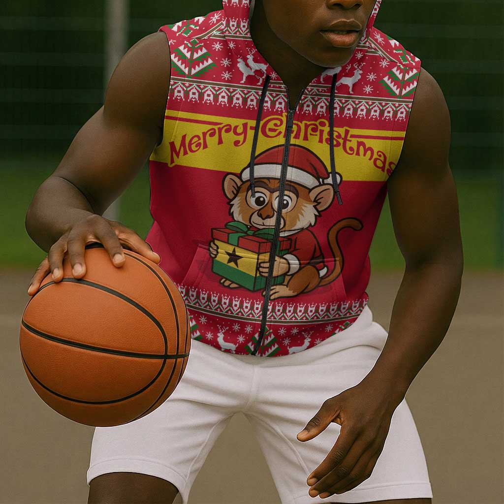 Ghana Christmas Sleeveless Zip Hoodie Monkey Holding Gift Ghana Map and Festive - African Pride