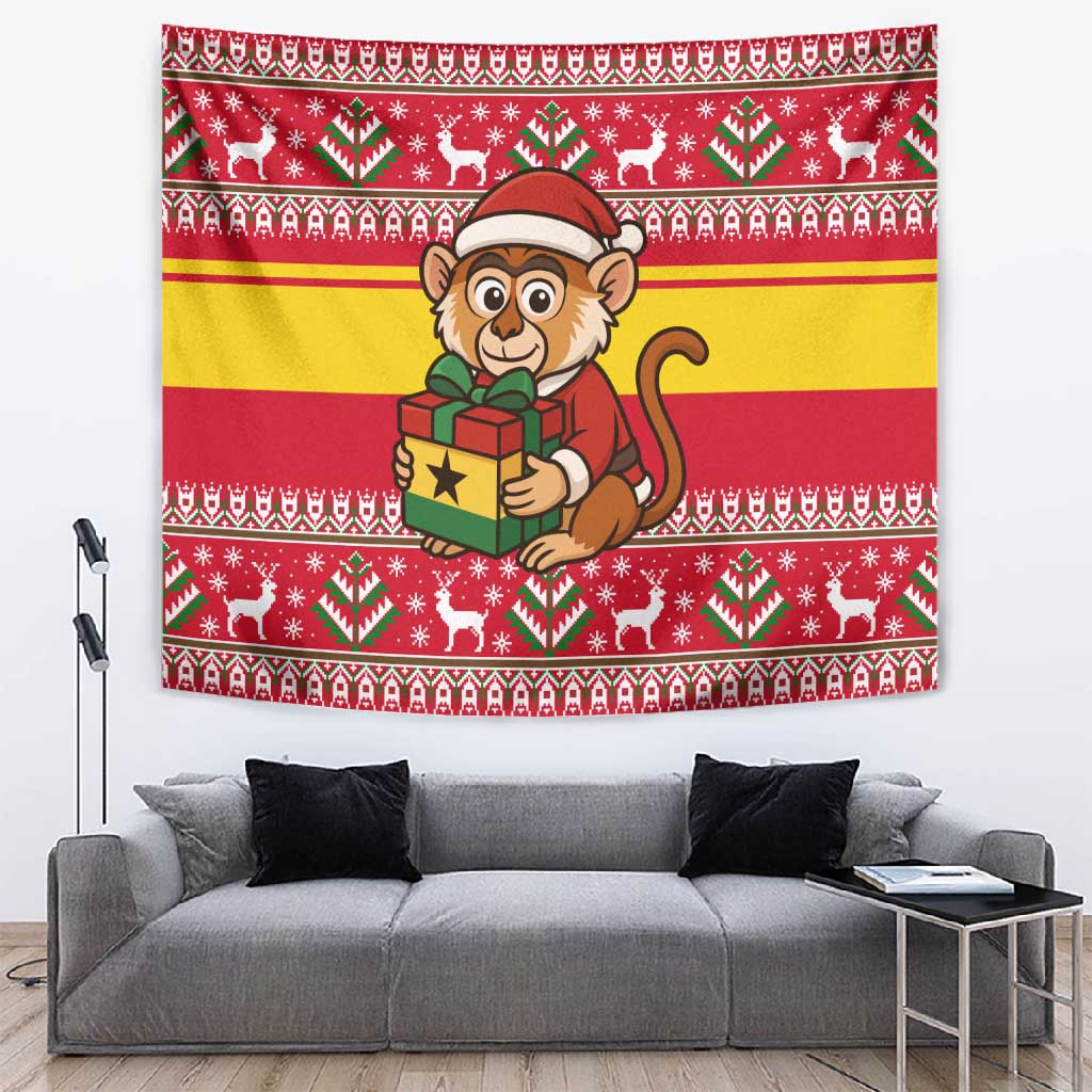 Ghana Christmas Tapestry Monkey Holding Gift Ghana Map and Festive - African Pride