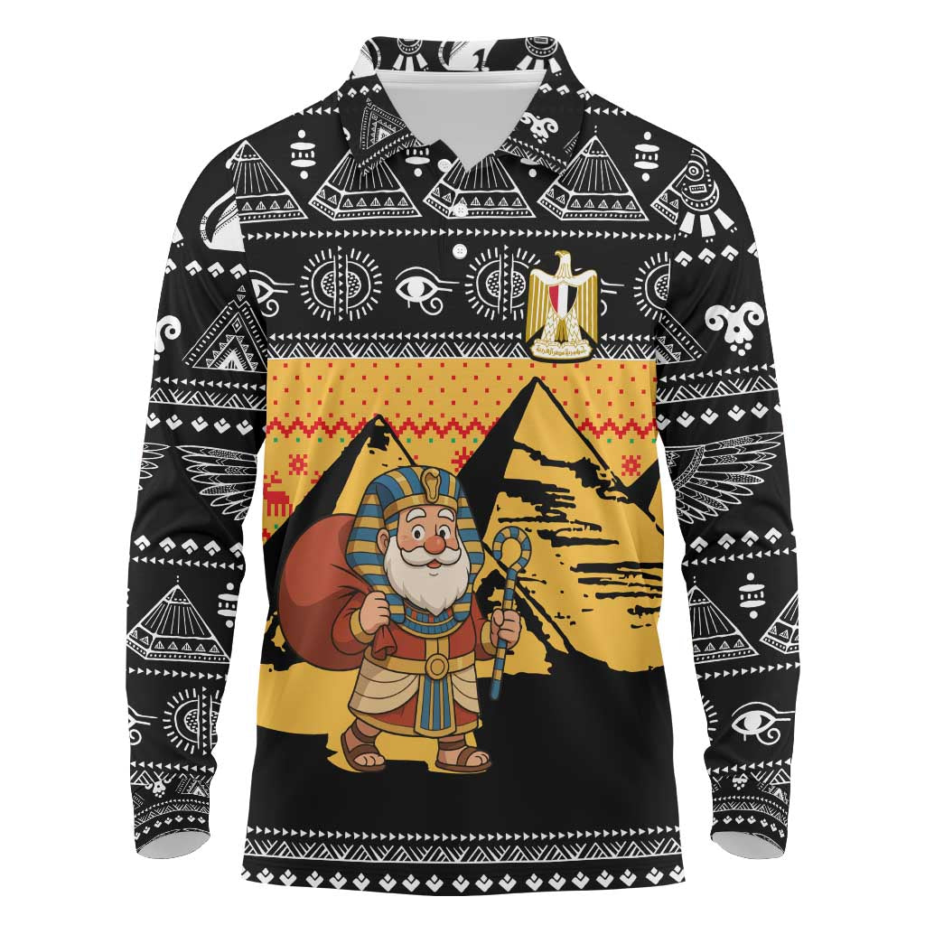 Egypt Christmas Long Sleeve Polo Shirt Pharaoh Santa Pyramids Eye of Horus and Ancient Egyptian - African Pride