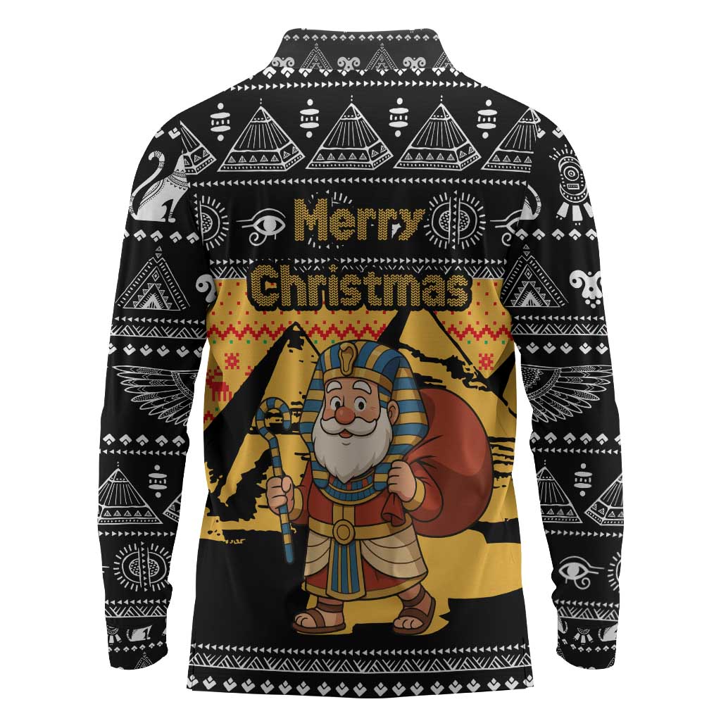 Egypt Christmas Long Sleeve Polo Shirt Pharaoh Santa Pyramids Eye of Horus and Ancient Egyptian - African Pride