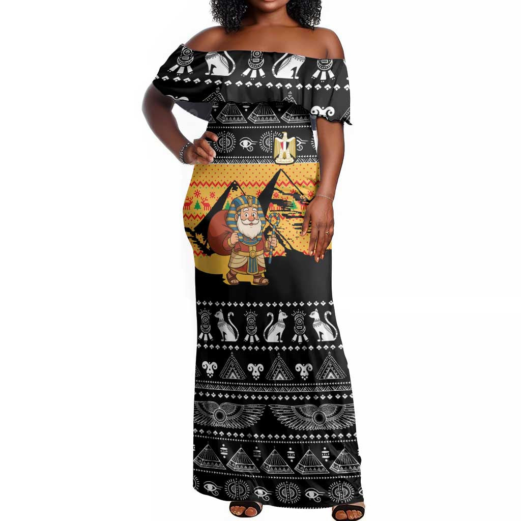 Egypt Christmas Off Shoulder Maxi Dress Pharaoh Santa Pyramids Eye of Horus and Ancient Egyptian - African Pride