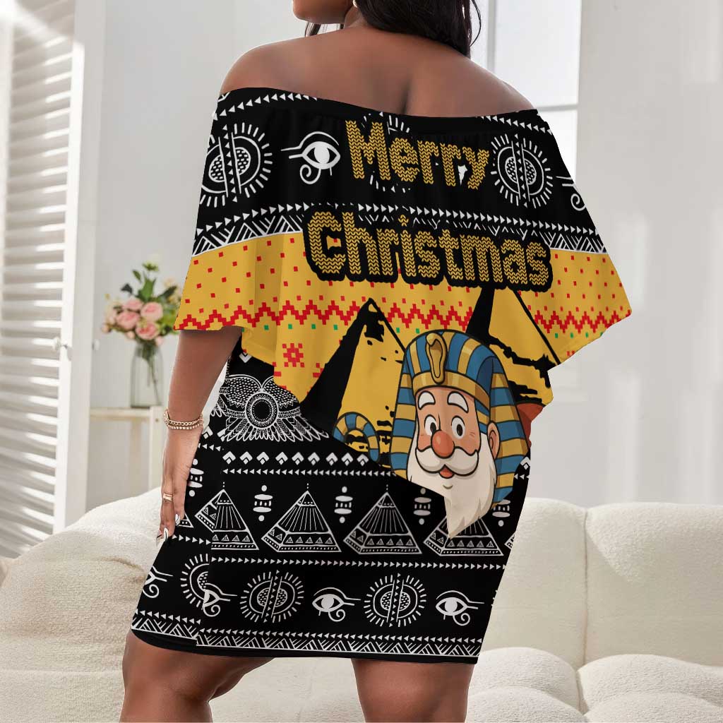 Egypt Christmas Off Shoulder Short Dress Pharaoh Santa Pyramids Eye of Horus and Ancient Egyptian - African Pride