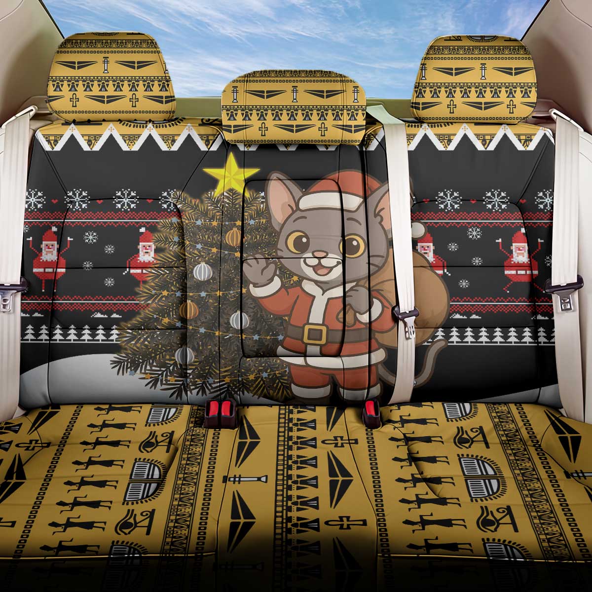 Egypt Christmas Back Car Seat Cover Santa Cat Sleigh Reindeer Christmas Tree and Ancient Hieroglyphic - African Pride