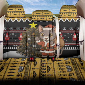 Egypt Christmas Back Car Seat Cover Santa Cat Sleigh Reindeer Christmas Tree and Ancient Hieroglyphic - African Pride