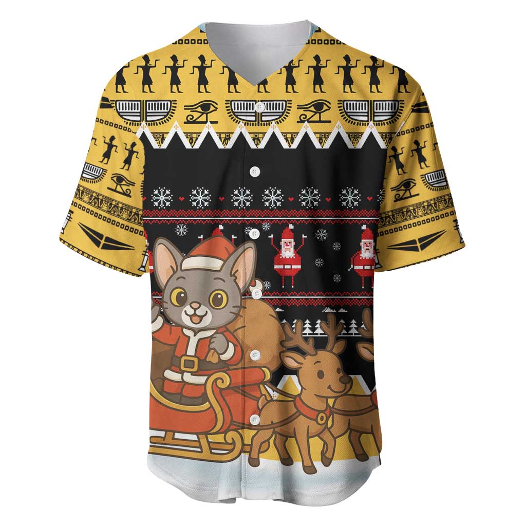 Egypt Christmas Baseball Jersey Santa Cat Sleigh Reindeer Christmas Tree and Ancient Hieroglyphic - African Pride