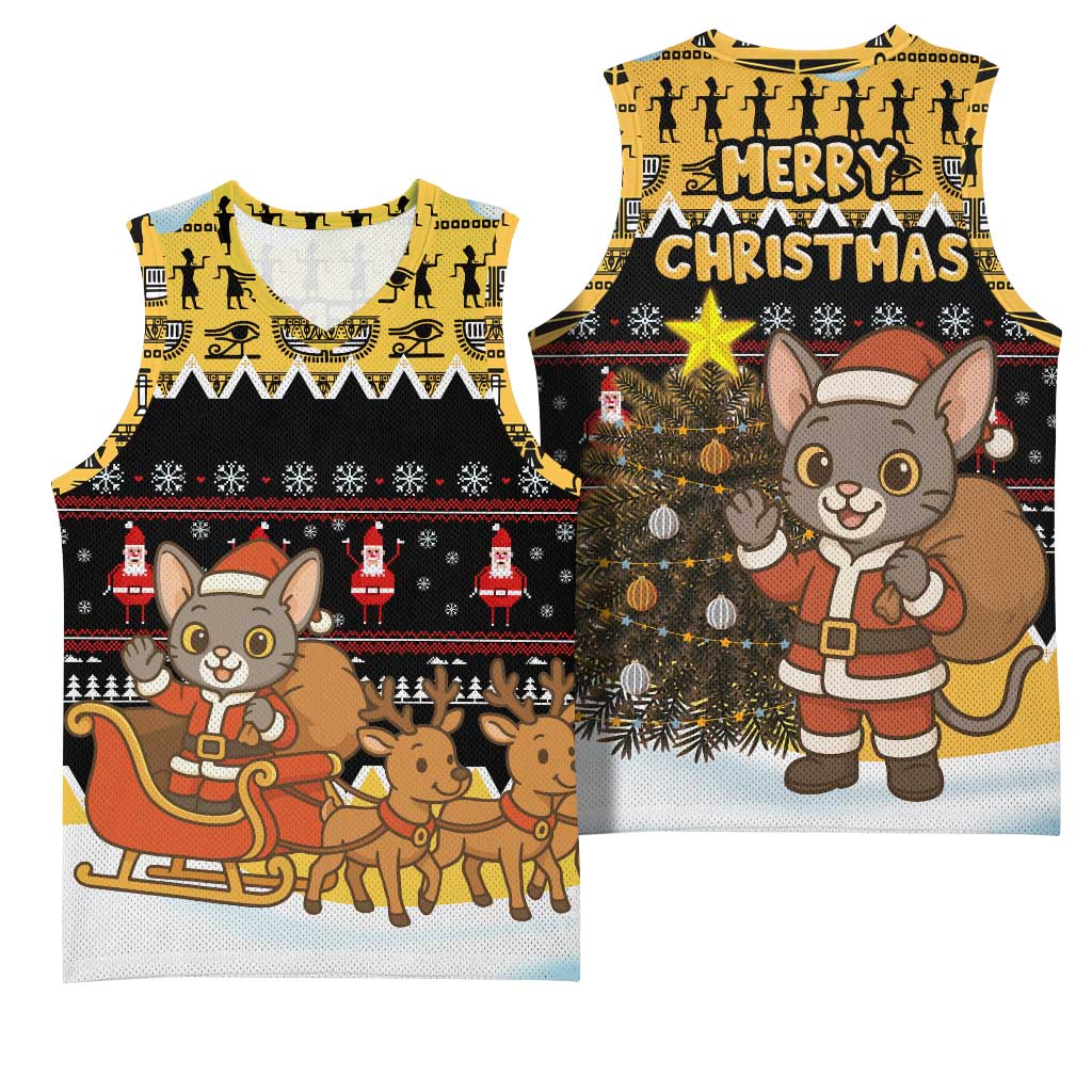 Egypt Christmas Basketball Jersey Santa Cat Sleigh Reindeer Christmas Tree and Ancient Hieroglyphic TS04