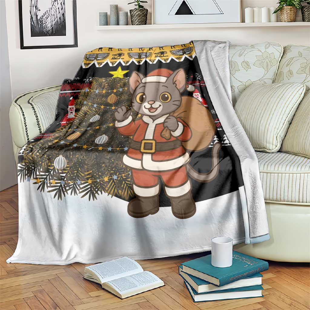 Egypt Christmas Blanket Santa Cat Sleigh Reindeer Christmas Tree and Ancient Hieroglyphic - African Pride
