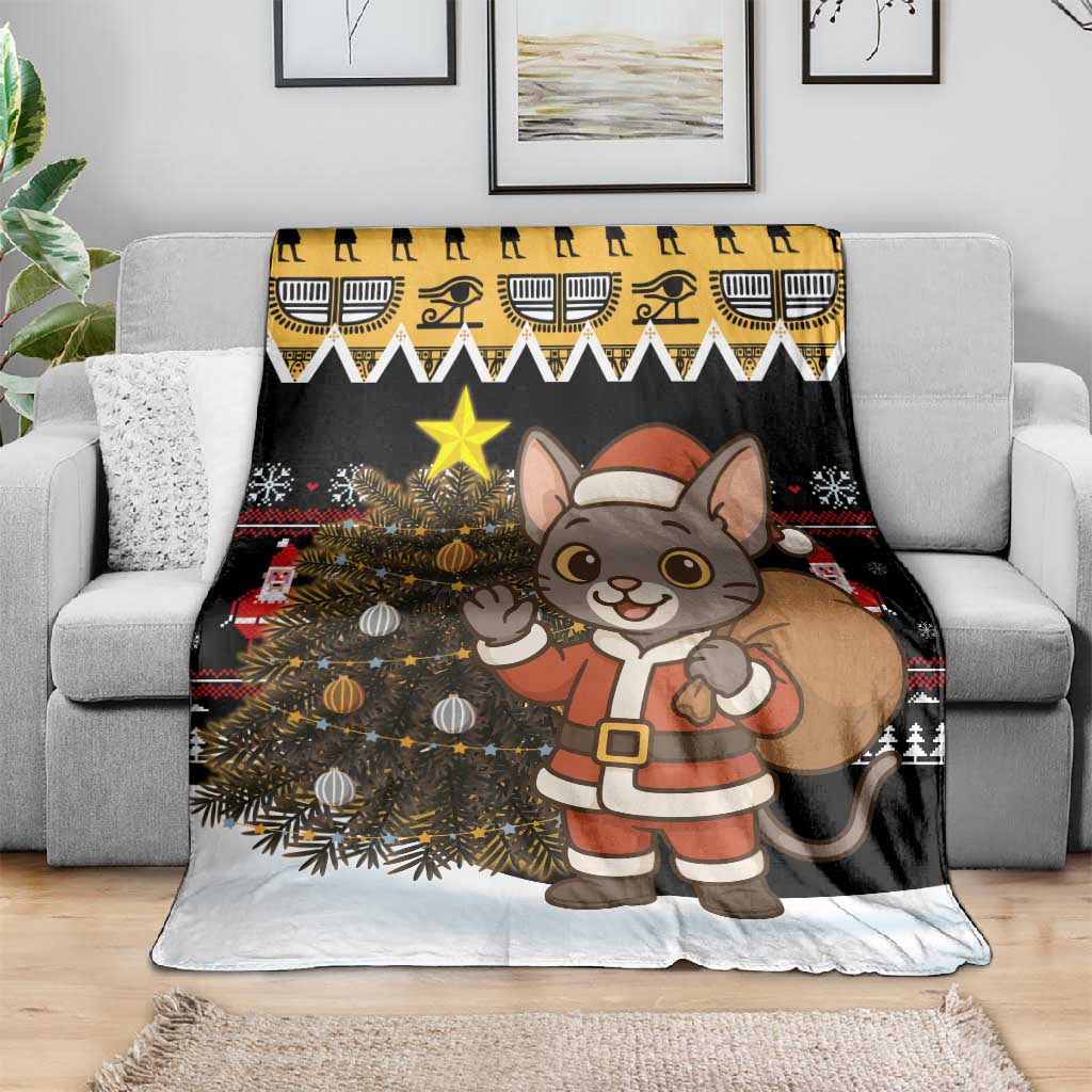 Egypt Christmas Blanket Santa Cat Sleigh Reindeer Christmas Tree and Ancient Hieroglyphic - African Pride
