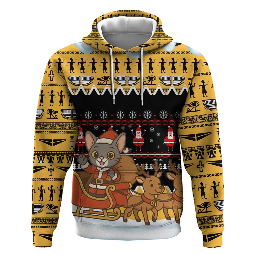 Egypt Christmas Hoodie Santa Cat Sleigh Reindeer Christmas Tree and Ancient Hieroglyphic - African Pride