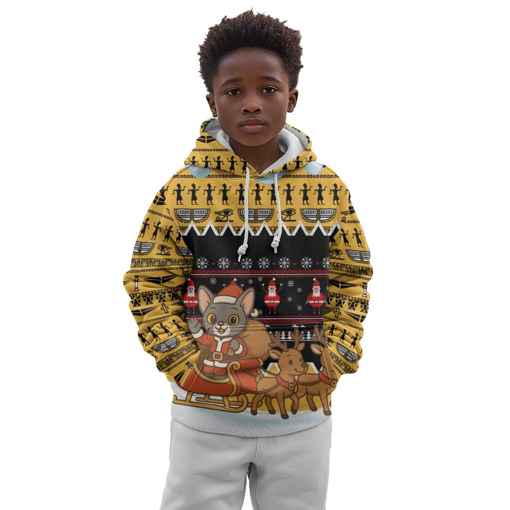 Egypt Christmas Kid Hoodie Santa Cat Sleigh Reindeer Christmas Tree and Ancient Hieroglyphic - African Pride