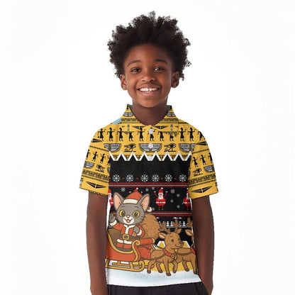 Egypt Christmas Kid Polo Shirt Santa Cat Sleigh Reindeer Christmas Tree and Ancient Hieroglyphic - African Pride