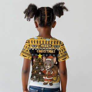 Egypt Christmas Kid T shirt Santa Cat Sleigh Reindeer Christmas Tree and Ancient Hieroglyphic - African Pride