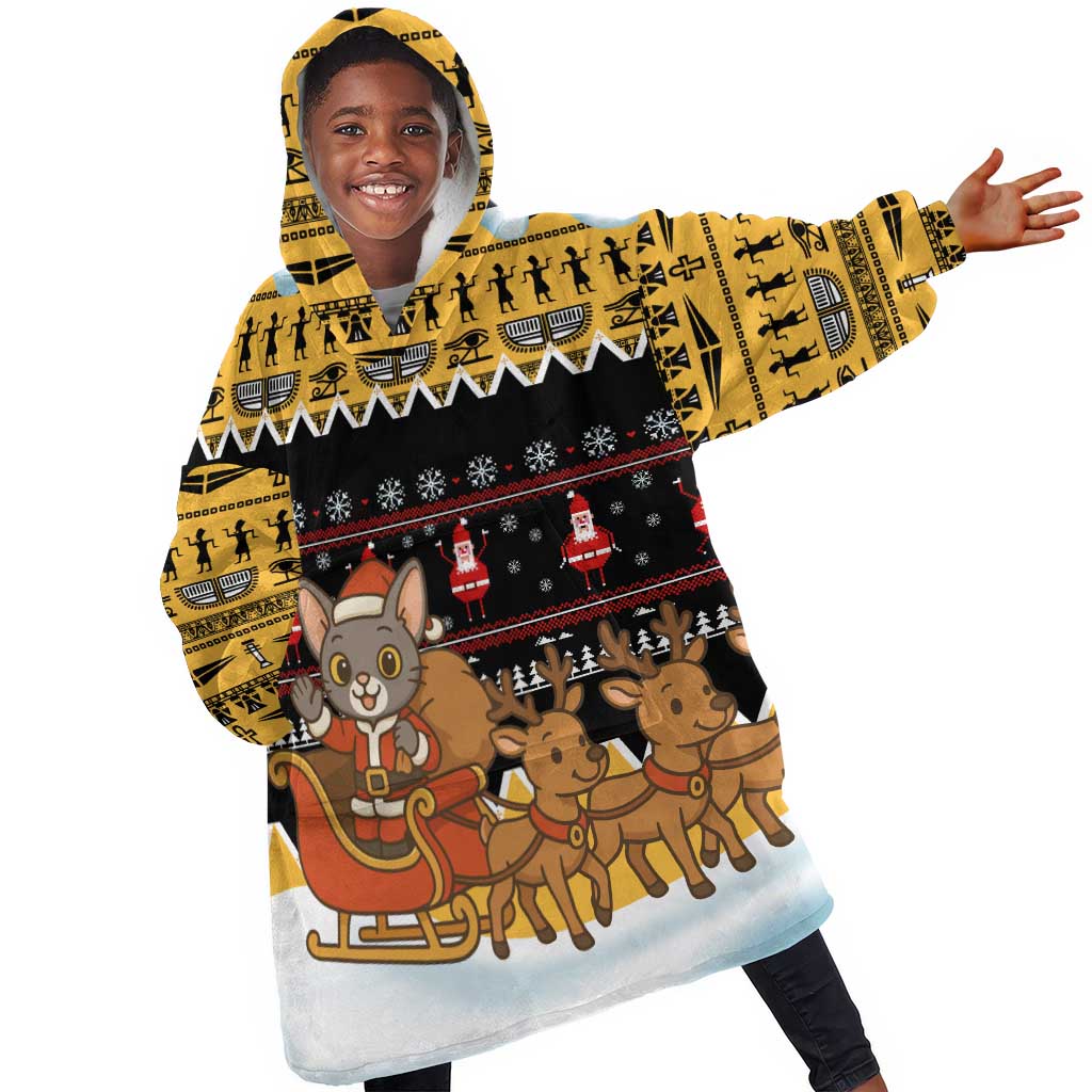 Egypt Christmas Kid Wearable Blanket Hoodie Santa Cat Sleigh Reindeer Christmas Tree and Ancient Hieroglyphic - African Pride