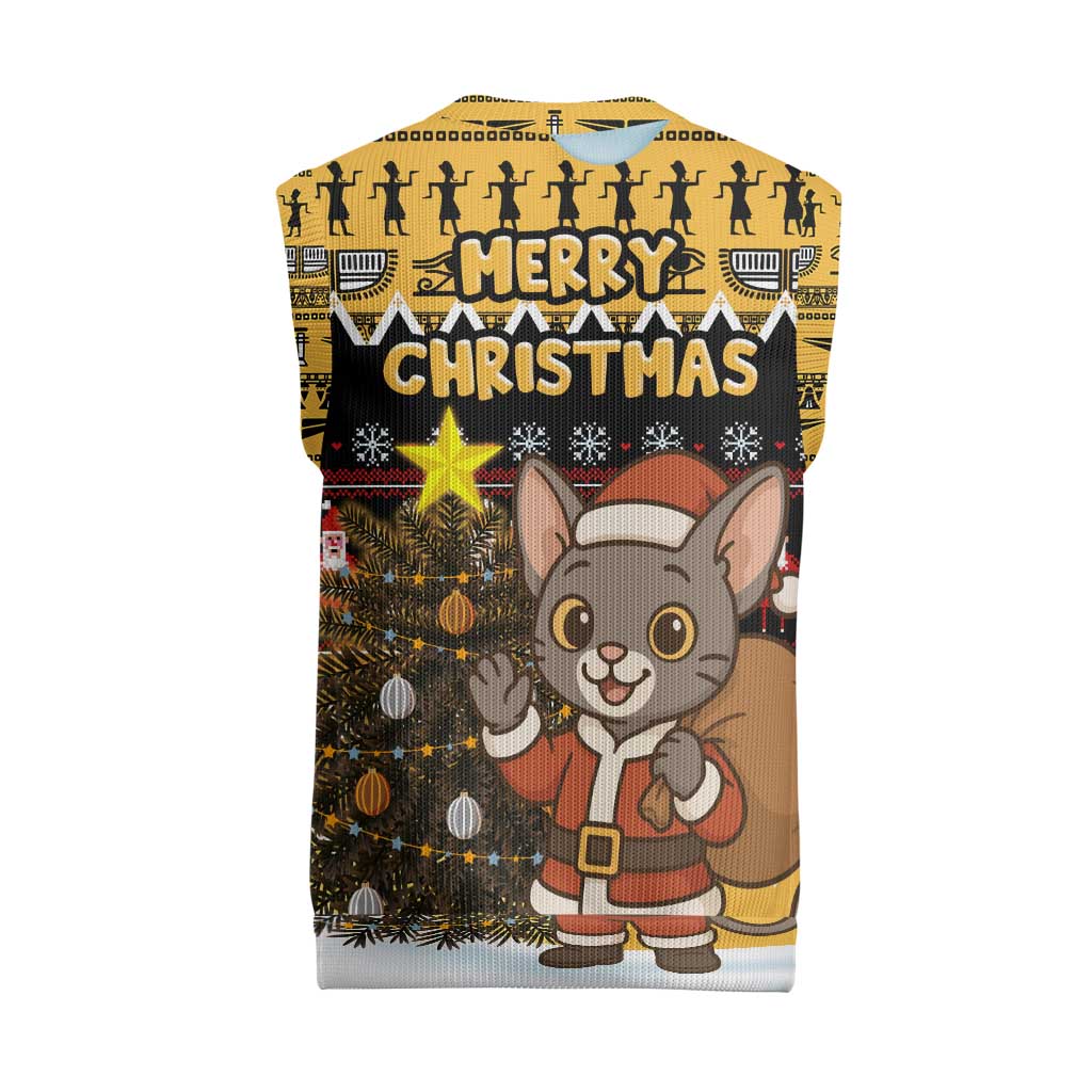 Egypt Christmas Knitted V-Neck Vest Santa Cat Sleigh Reindeer Christmas Tree and Ancient Hieroglyphic - African Pride