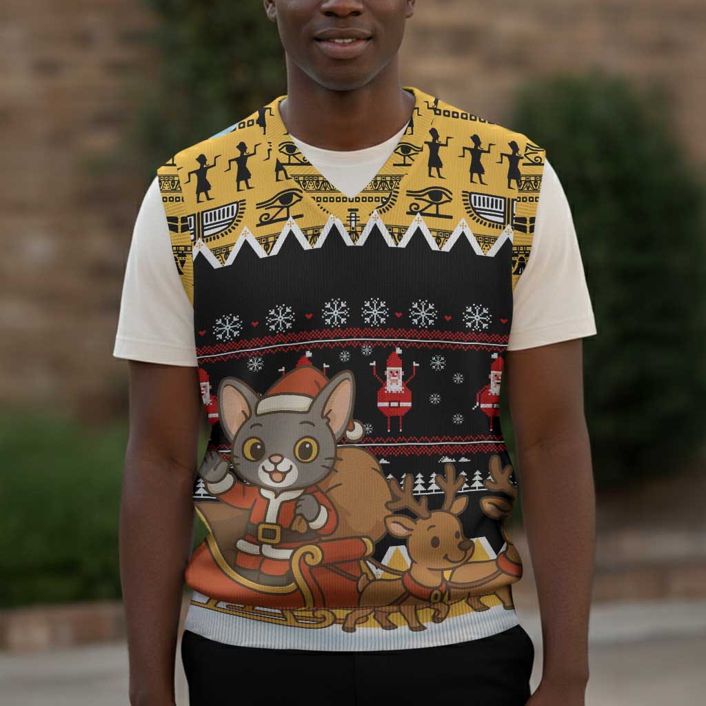 Egypt Christmas Knitted V-Neck Vest Santa Cat Sleigh Reindeer Christmas Tree and Ancient Hieroglyphic - African Pride