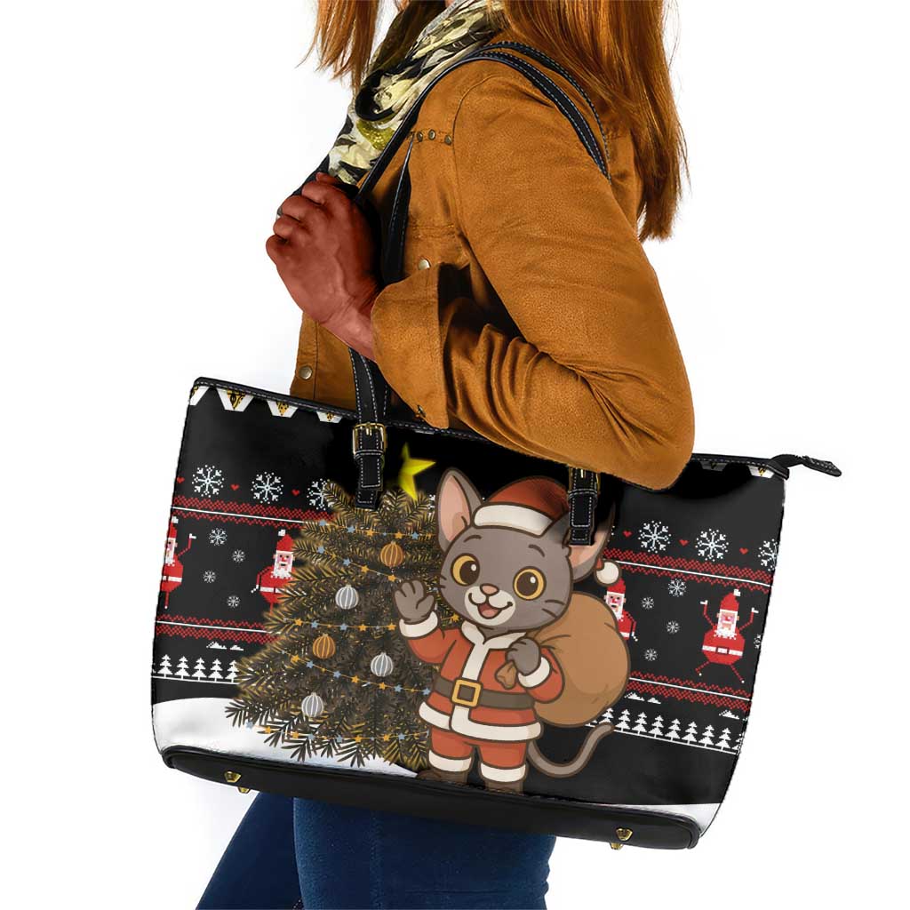 Egypt Christmas Leather Tote Bag Santa Cat Sleigh Reindeer Christmas Tree and Ancient Hieroglyphic - African Pride