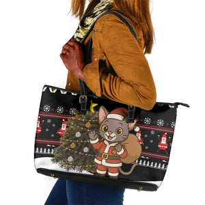 Egypt Christmas Leather Tote Bag Santa Cat Sleigh Reindeer Christmas Tree and Ancient Hieroglyphic - African Pride