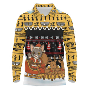 Egypt Christmas Long Sleeve Polo Shirt Santa Cat Sleigh Reindeer Christmas Tree and Ancient Hieroglyphic - African Pride