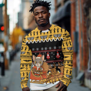 Egypt Christmas Long Sleeve Shirt Santa Cat Sleigh Reindeer Christmas Tree and Ancient Hieroglyphic - African Pride