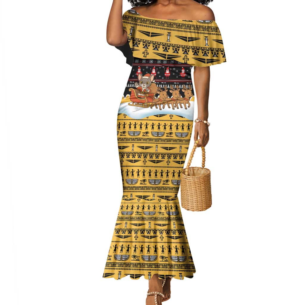 Egypt Christmas Mermaid Dress Santa Cat Sleigh Reindeer Christmas Tree and Ancient Hieroglyphic - African Pride