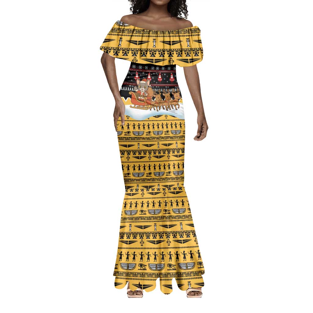 Egypt Christmas Mermaid Dress Santa Cat Sleigh Reindeer Christmas Tree and Ancient Hieroglyphic - African Pride