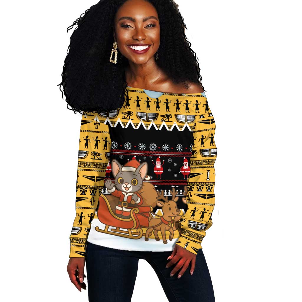 Egypt Christmas Off Shoulder Sweater Santa Cat Sleigh Reindeer Christmas Tree and Ancient Hieroglyphic - African Pride