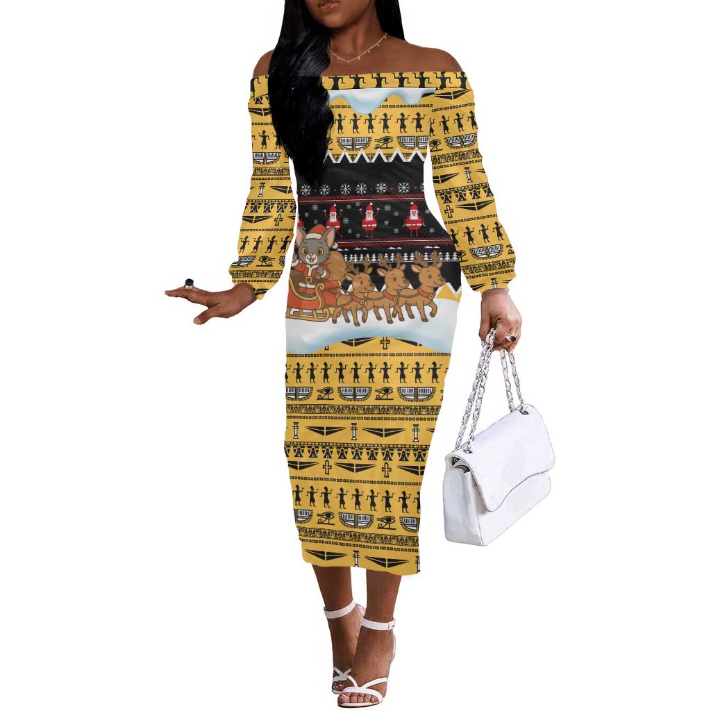 Egypt Christmas Off The Shoulder Long Sleeve Dress Santa Cat Sleigh Reindeer Christmas Tree and Ancient Hieroglyphic - African Pride