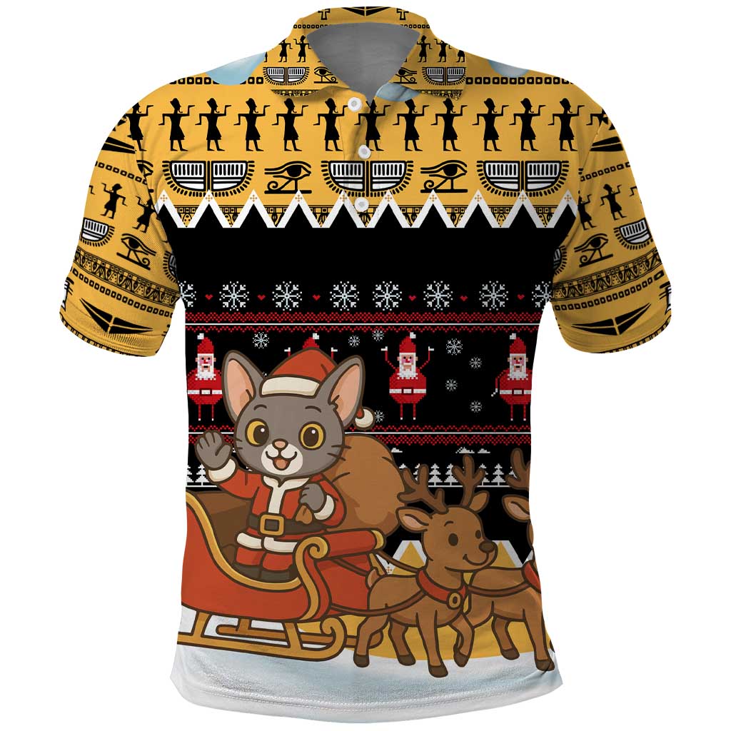 Egypt Christmas Polo Shirt Santa Cat Sleigh Reindeer Christmas Tree and Ancient Hieroglyphic - African Pride