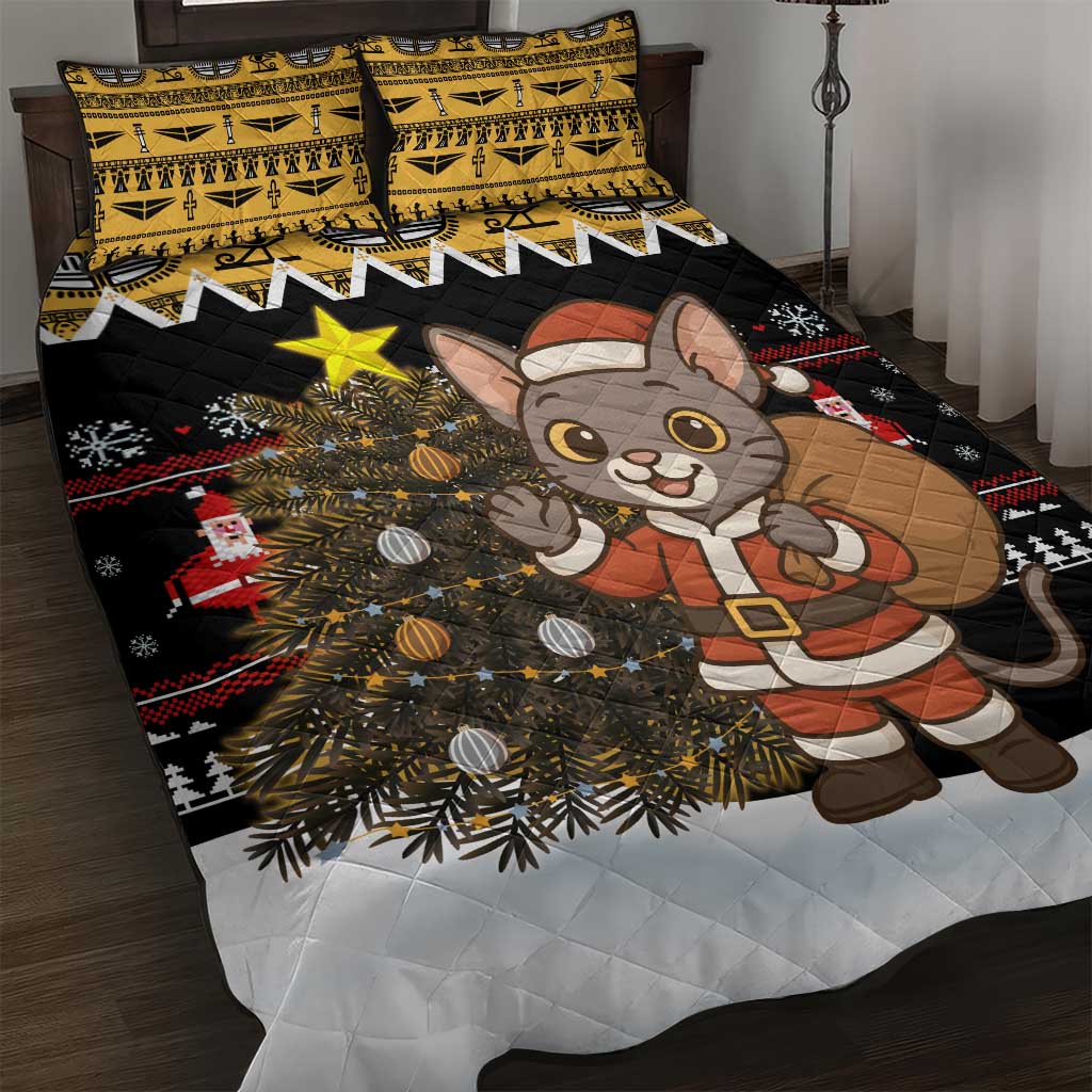 Egypt Christmas Quilt Bed Set Santa Cat Sleigh Reindeer Christmas Tree and Ancient Hieroglyphic - African Pride