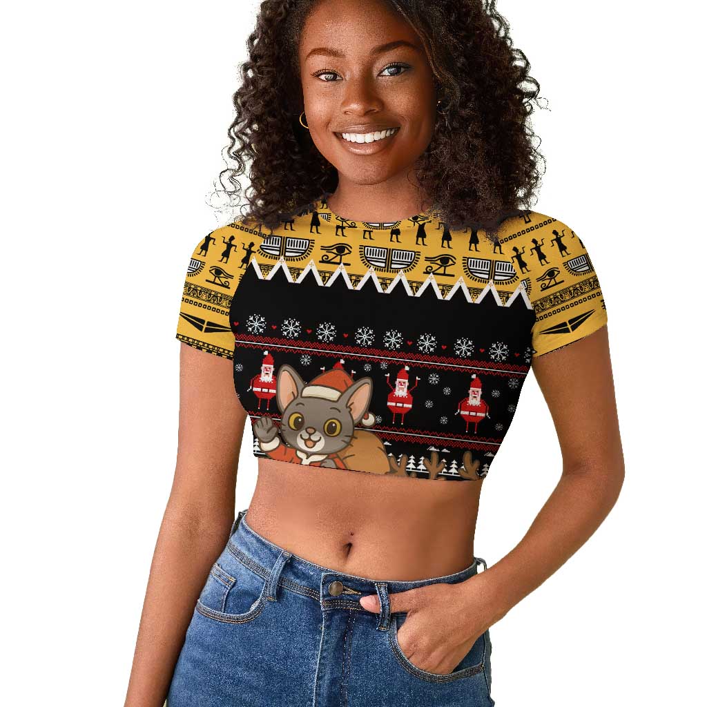 Egypt Christmas Raglan Cropped T shirt Santa Cat Sleigh Reindeer Christmas Tree and Ancient Hieroglyphic - African Pride
