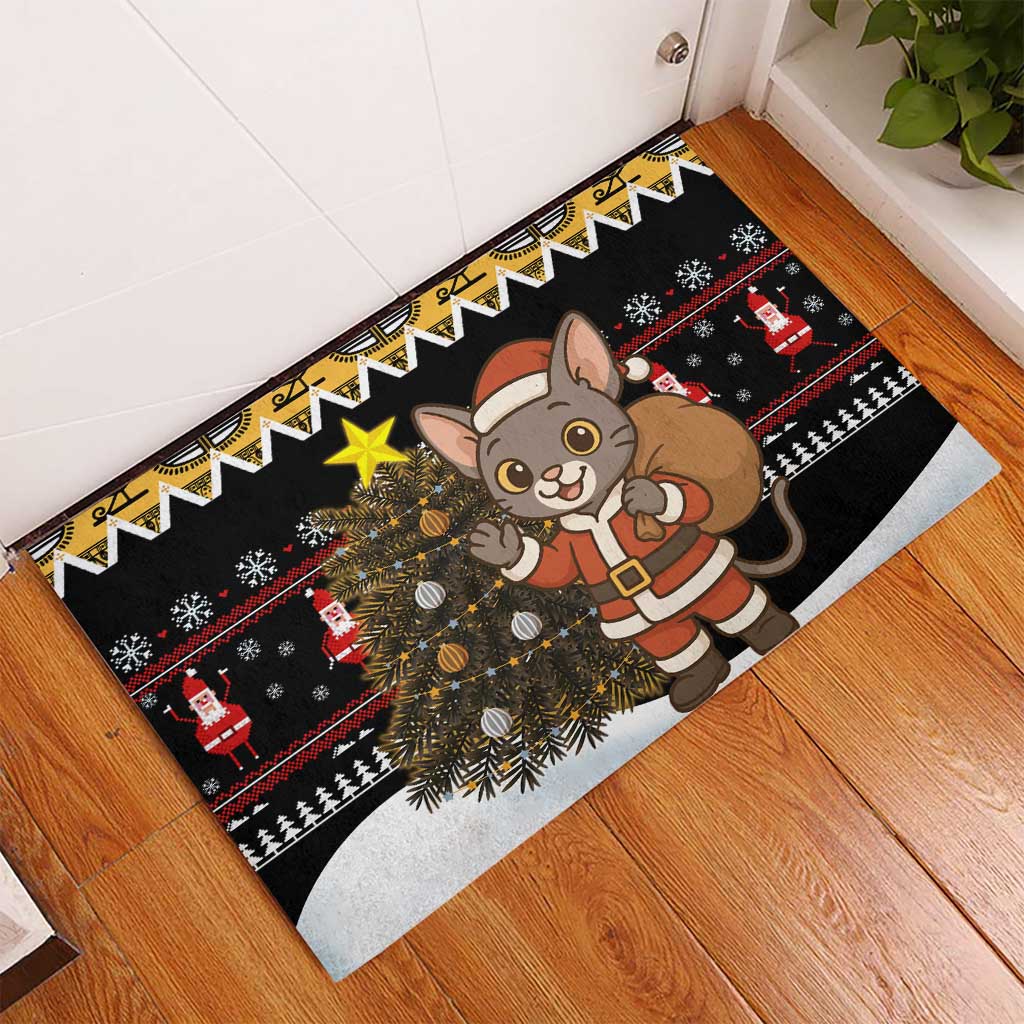 Egypt Christmas Rubber Doormat Santa Cat Sleigh Reindeer Christmas Tree and Ancient Hieroglyphic - African Pride