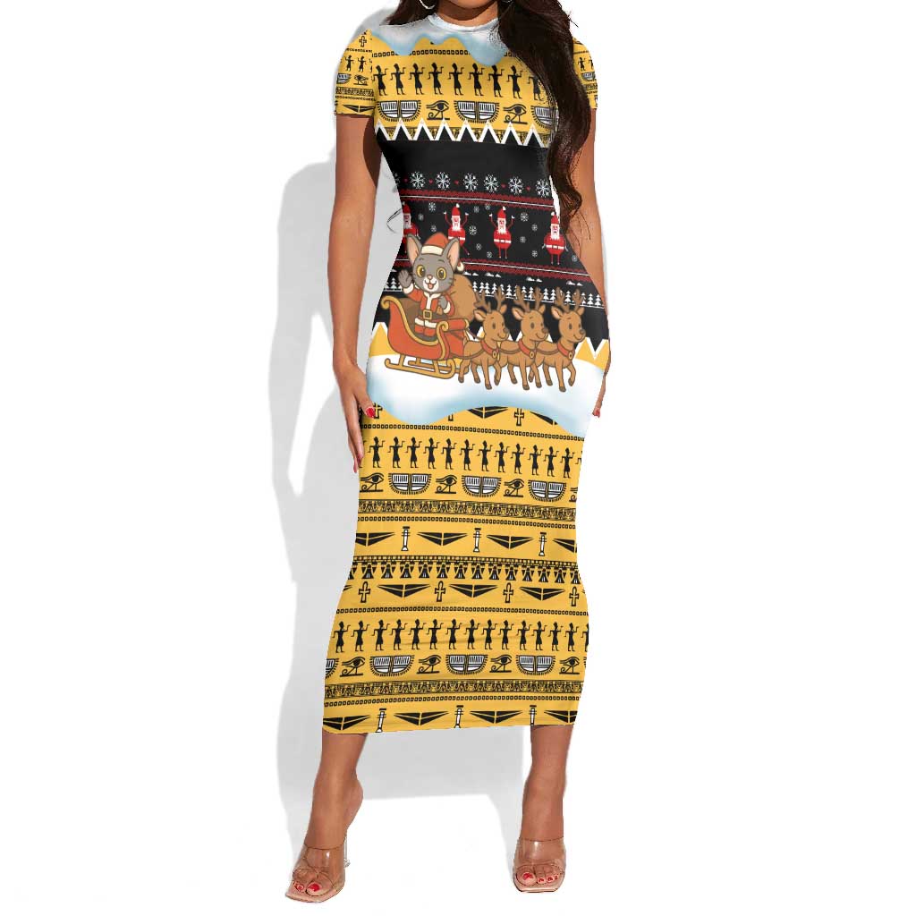Egypt Christmas Short Sleeve Bodycon Dress Santa Cat Sleigh Reindeer Christmas Tree and Ancient Hieroglyphic - African Pride