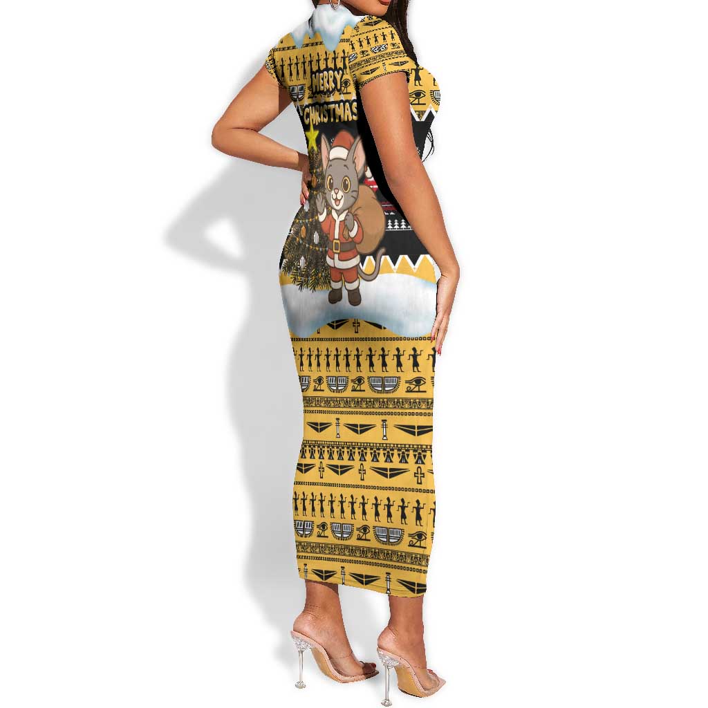 Egypt Christmas Short Sleeve Bodycon Dress Santa Cat Sleigh Reindeer Christmas Tree and Ancient Hieroglyphic - African Pride