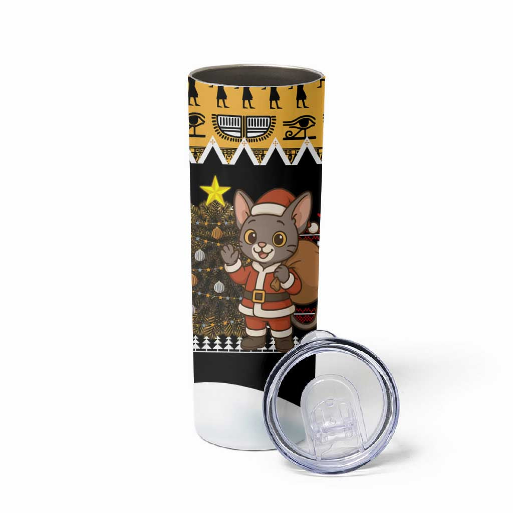 Egypt Christmas Skinny Tumbler Santa Cat Sleigh Reindeer Christmas Tree and Ancient Hieroglyphic - African Pride