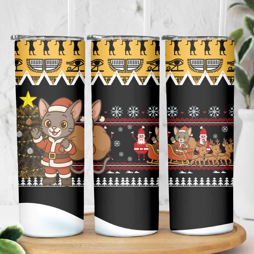 Egypt Christmas Skinny Tumbler Santa Cat Sleigh Reindeer Christmas Tree and Ancient Hieroglyphic - African Pride