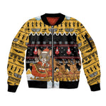 Egypt Christmas Sleeve Zip Bomber Jacket Santa Cat Sleigh Reindeer Christmas Tree and Ancient Hieroglyphic - African Pride