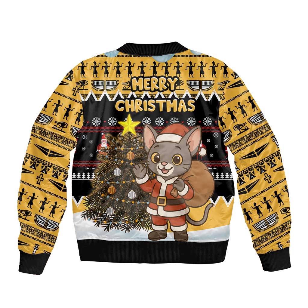 Egypt Christmas Sleeve Zip Bomber Jacket Santa Cat Sleigh Reindeer Christmas Tree and Ancient Hieroglyphic - African Pride