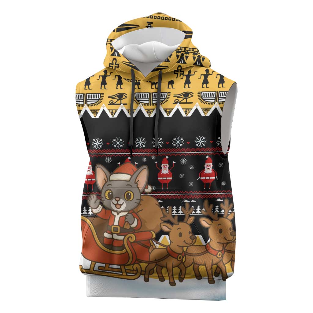 Egypt Christmas Sleeveless Hoodie Santa Cat Sleigh Reindeer Christmas Tree and Ancient Hieroglyphic - African Pride