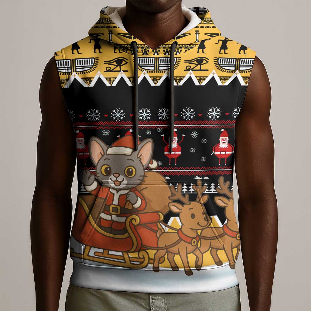 Egypt Christmas Sleeveless Hoodie Santa Cat Sleigh Reindeer Christmas Tree and Ancient Hieroglyphic - African Pride
