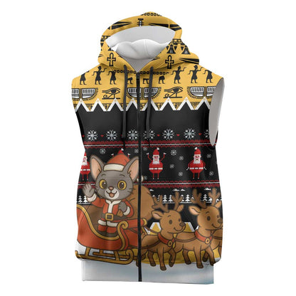 Egypt Christmas Sleeveless Zip Hoodie Santa Cat Sleigh Reindeer Christmas Tree and Ancient Hieroglyphic - African Pride