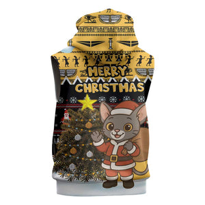 Egypt Christmas Sleeveless Zip Hoodie Santa Cat Sleigh Reindeer Christmas Tree and Ancient Hieroglyphic - African Pride