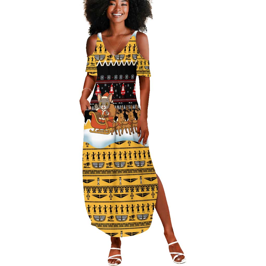 Egypt Christmas Summer Maxi Dress Santa Cat Sleigh Reindeer Christmas Tree and Ancient Hieroglyphic - African Pride