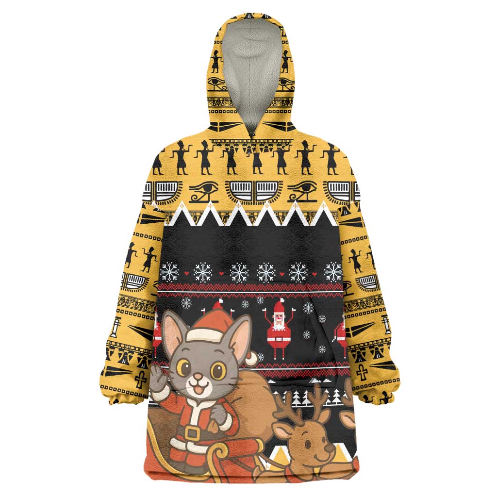 Egypt Christmas Wearable Blanket Hoodie Santa Cat Sleigh Reindeer Christmas Tree and Ancient Hieroglyphic - African Pride