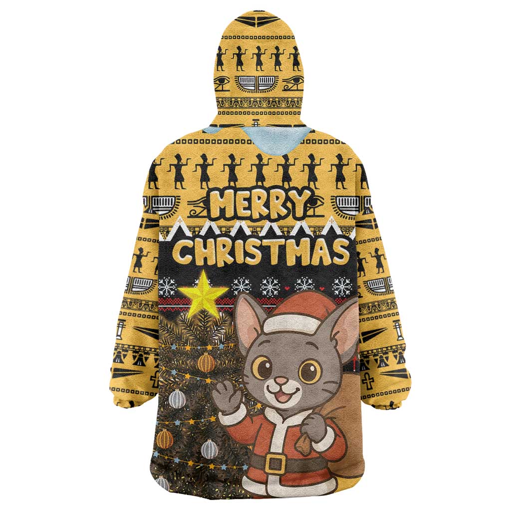 Egypt Christmas Wearable Blanket Hoodie Santa Cat Sleigh Reindeer Christmas Tree and Ancient Hieroglyphic - African Pride