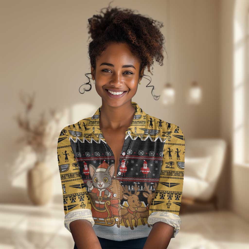 Egypt Christmas Women Casual Shirt Santa Cat Sleigh Reindeer Christmas Tree and Ancient Hieroglyphic - African Pride