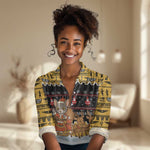 Egypt Christmas Women Casual Shirt Santa Cat Sleigh Reindeer Christmas Tree and Ancient Hieroglyphic - African Pride