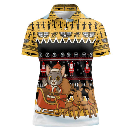 Egypt Christmas Women Polo Shirt Santa Cat Sleigh Reindeer Christmas Tree and Ancient Hieroglyphic - African Pride